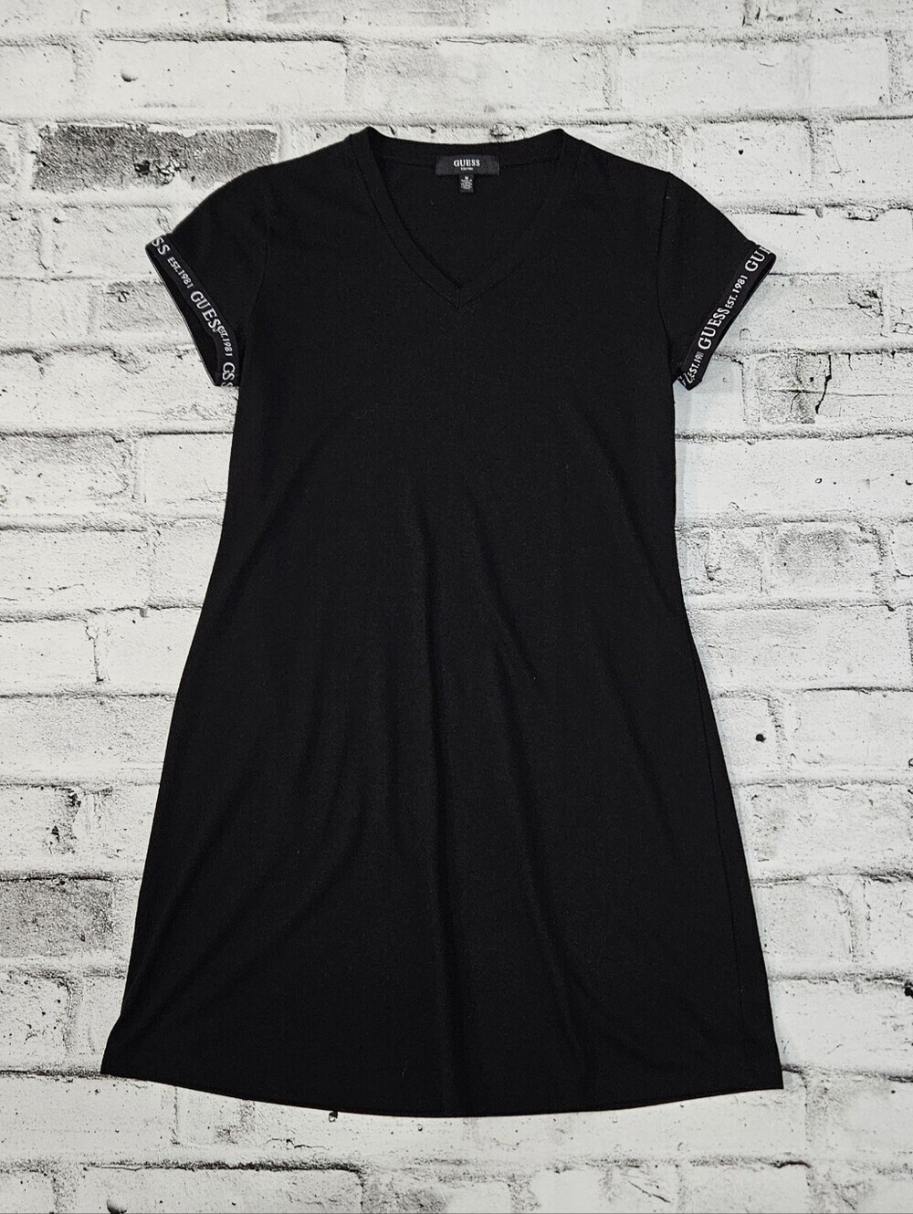 Guess Black V Neck T Shirt Dress Logo Sleeve Trim Short Sleeve Medium